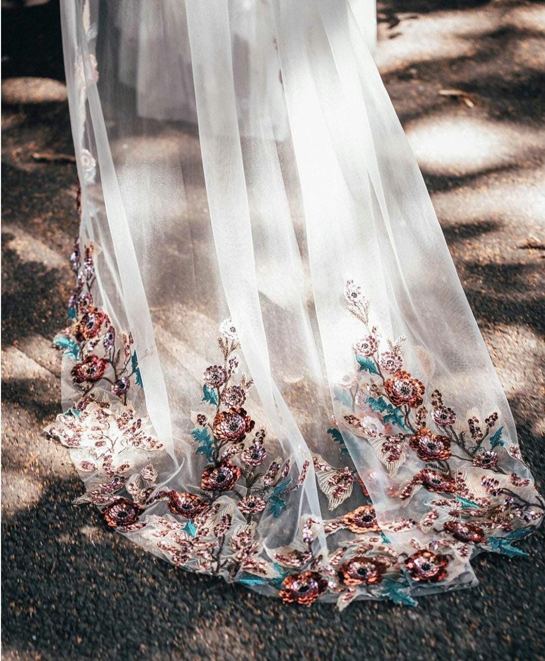 Poppy Sequin Wedding Veil: Floral Bridal Cape, Champagne Tulle