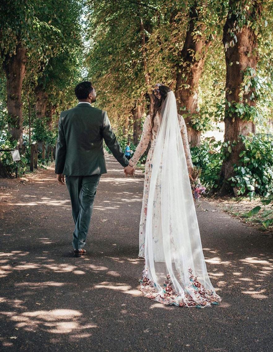 Poppy Sequin Wedding Veil: Floral Bridal Cape, Champagne Tulle