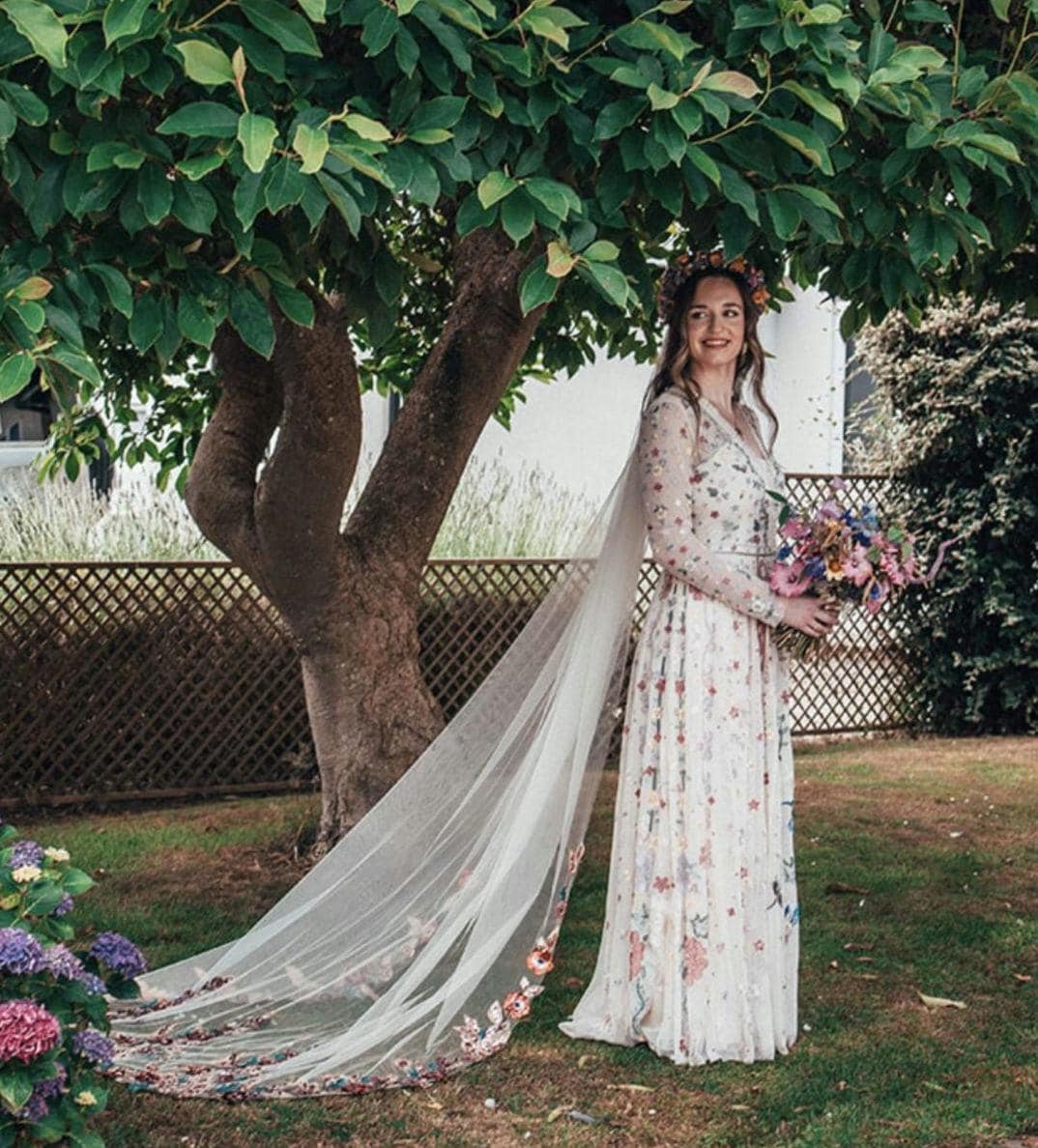 Poppy Sequin Wedding Veil: Floral Bridal Cape, Champagne Tulle