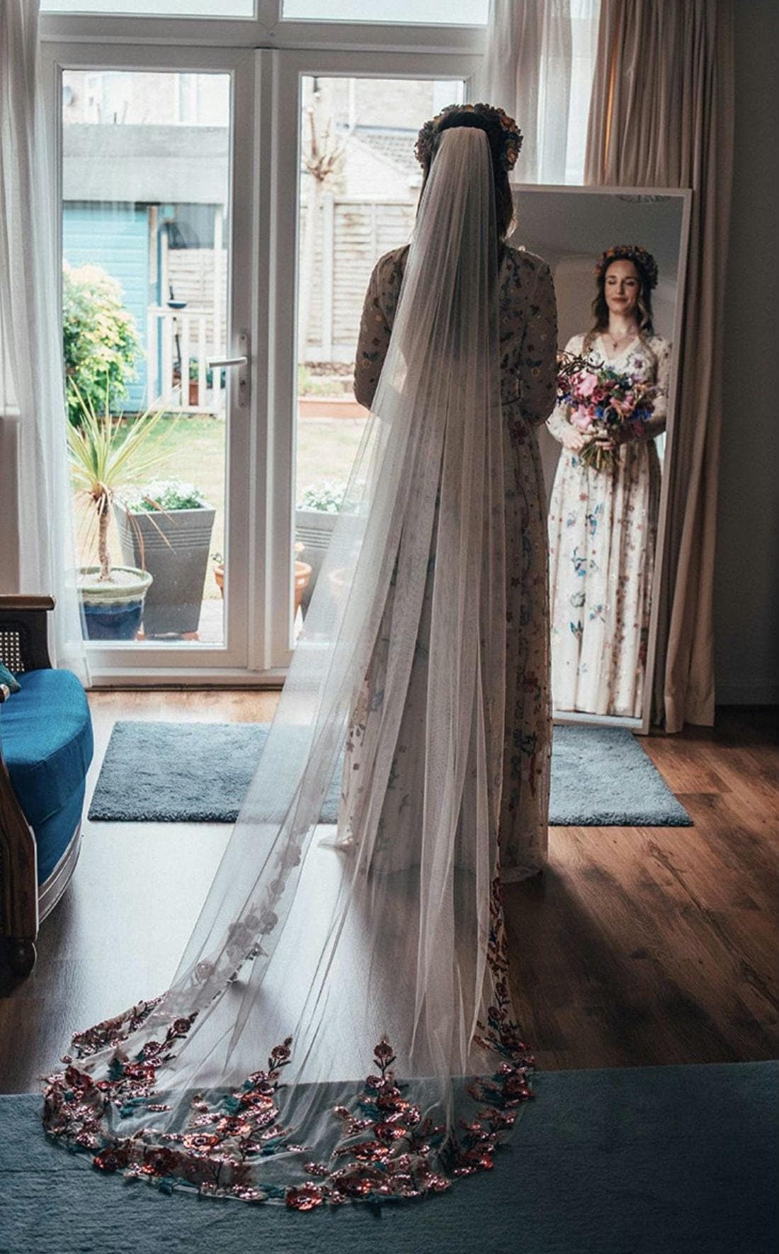 Poppy Sequin Wedding Veil: Floral Bridal Cape, Champagne Tulle