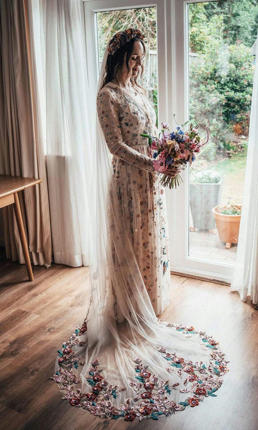 Poppy Sequin Wedding Veil: Floral Bridal Cape, Champagne Tulle