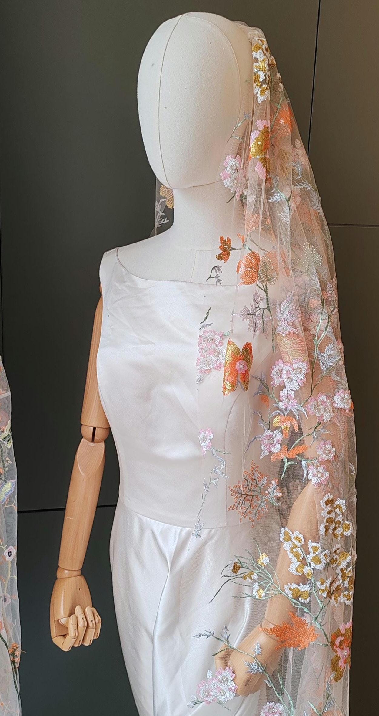 Golden Floral Bridal Veil, Embroidered Sequins & Beads. 'Amber'