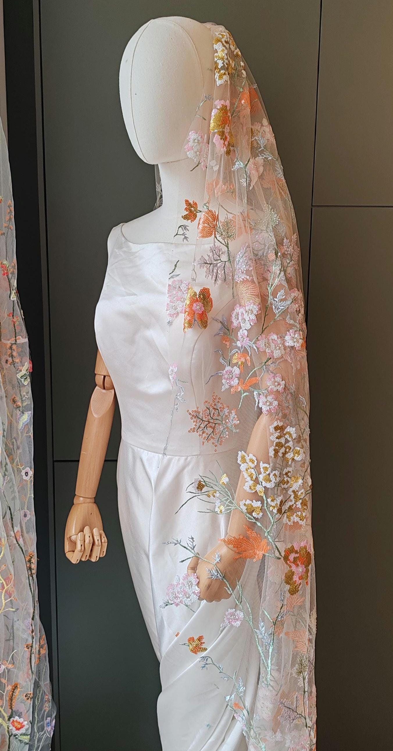 Golden Floral Bridal Veil, Embroidered Sequins & Beads. 'Amber'