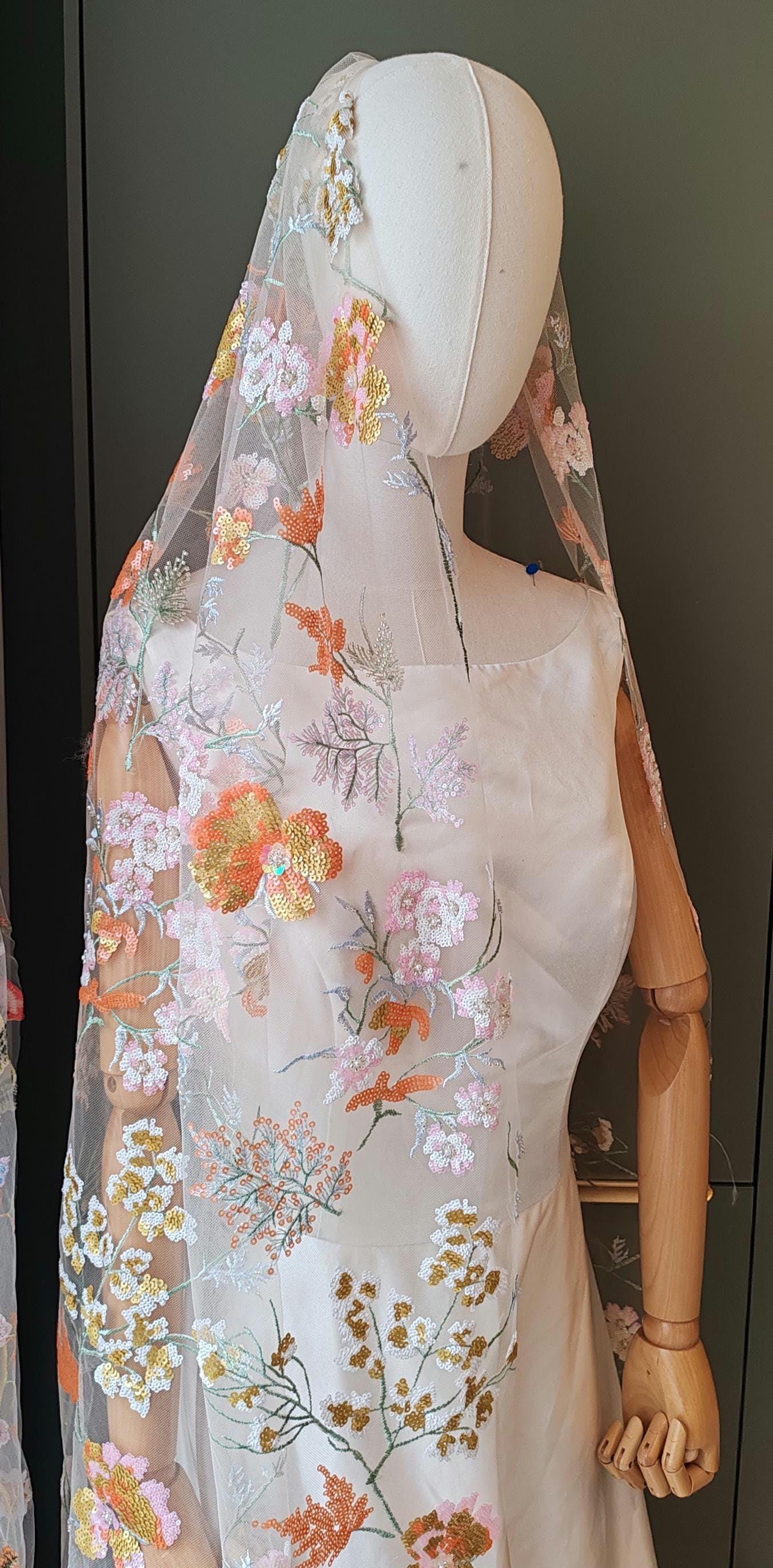 Golden Floral Bridal Veil, Embroidered Sequins & Beads. 'Amber'