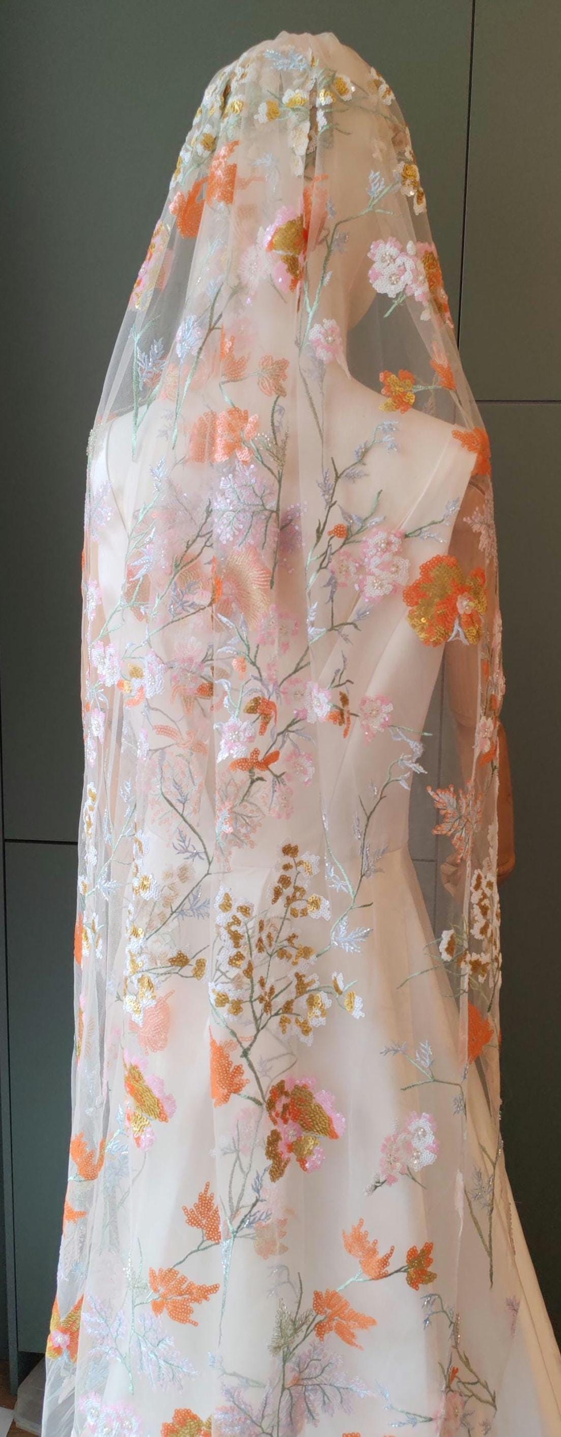 Golden Floral Bridal Veil, Embroidered Sequins & Beads. 'Amber'