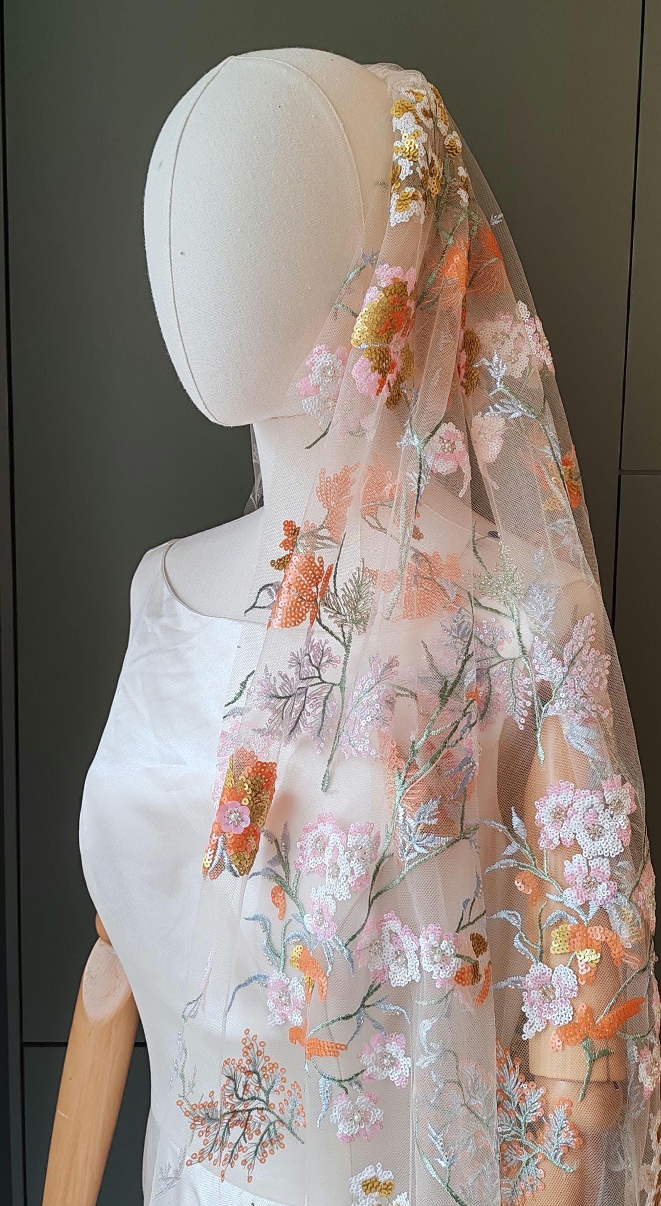 Golden Floral Bridal Veil, Embroidered Sequins & Beads. 'Amber'