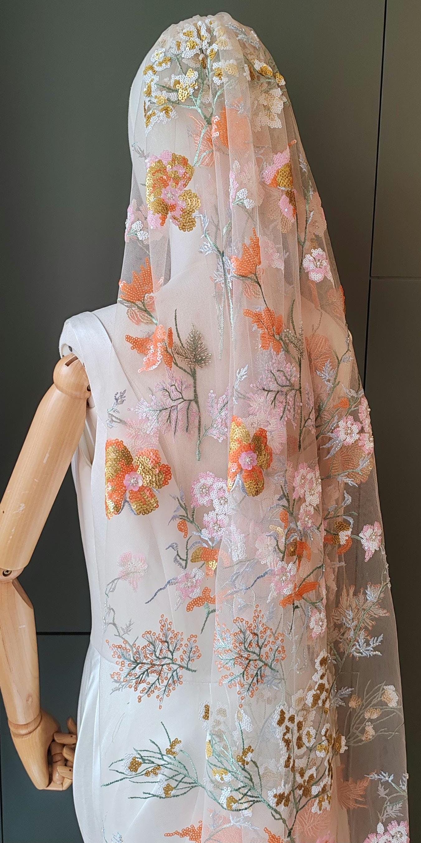 Golden Floral Bridal Veil, Embroidered Sequins & Beads. 'Amber'