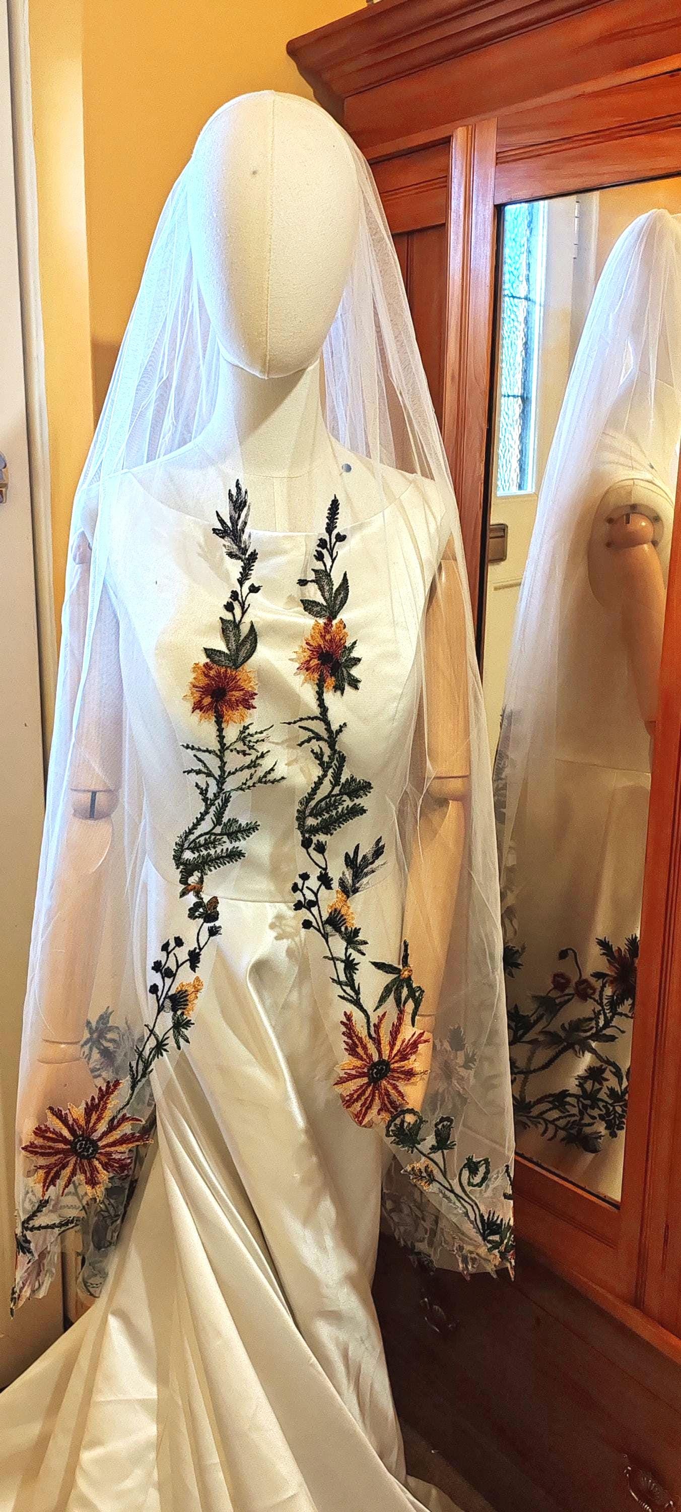 Woodland Embroidered Flower Wedding Veil - Wild Fall Floral Bridal Veil 'Oriana'