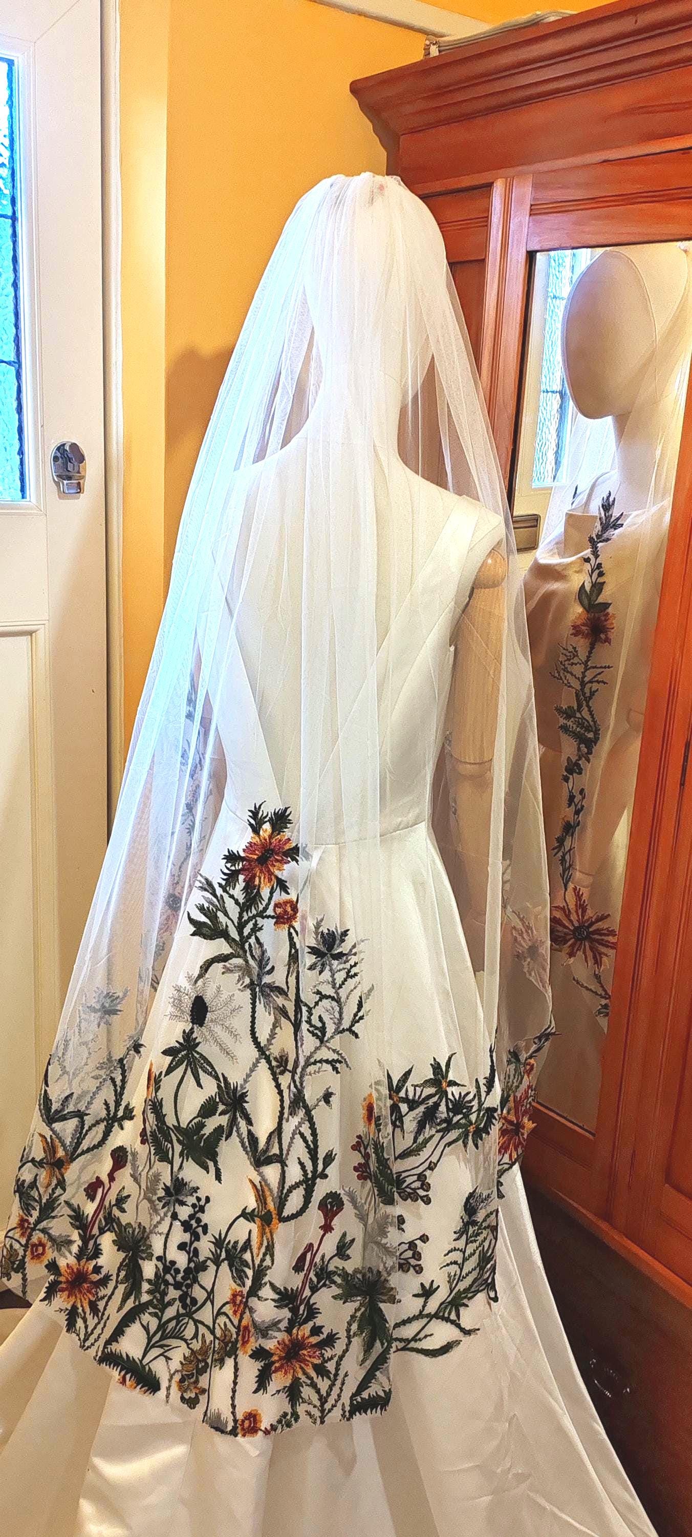 Woodland Embroidered Flower Wedding Veil - Wild Fall Floral Bridal Veil 'Oriana'