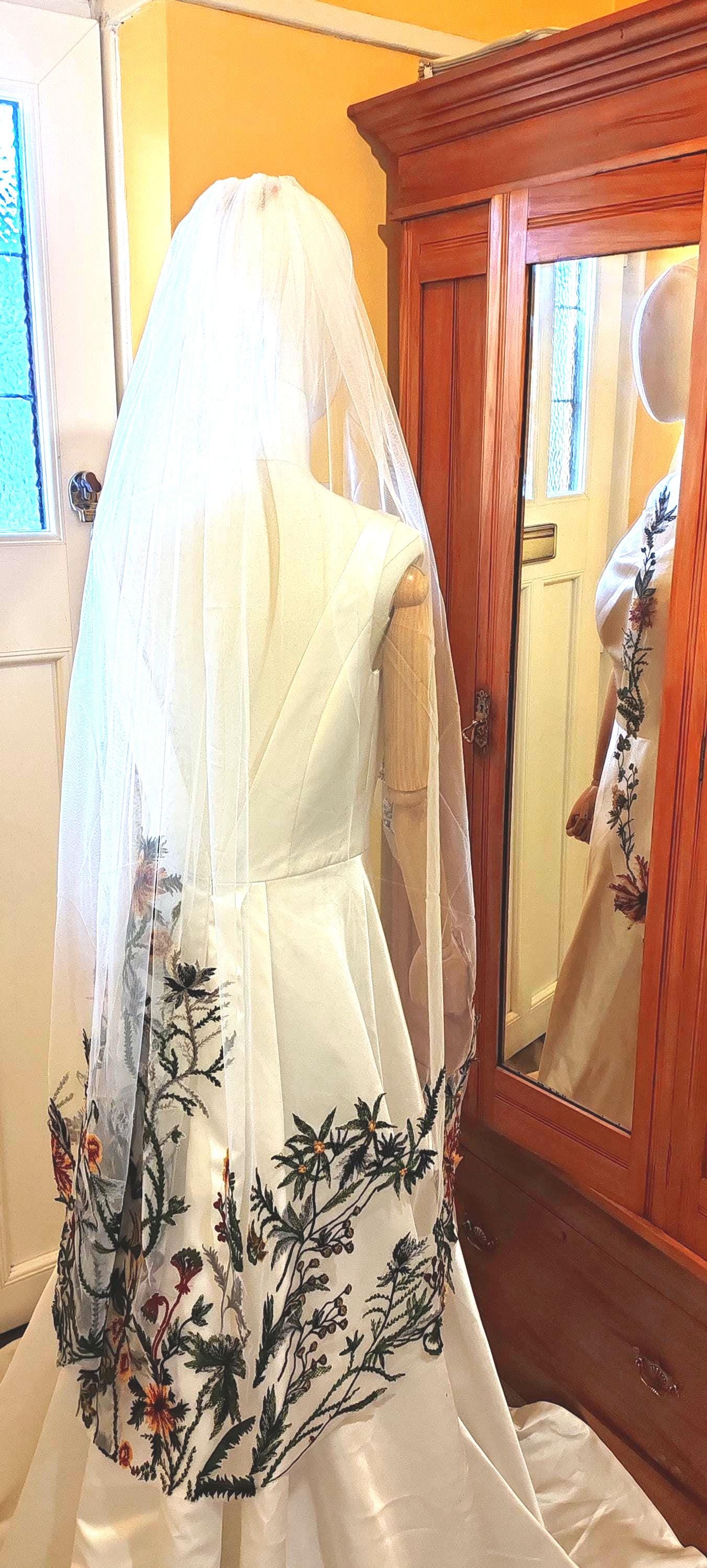 Woodland Embroidered Flower Wedding Veil - Wild Fall Floral Bridal Veil 'Oriana'