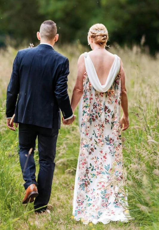 Embroidered Floral Wedding Veil, Peach Tulle 'English Garden' Bridal Cape
