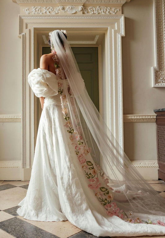 Pink Floral Wedding Veil, Embroidered Flower Bridal Veil