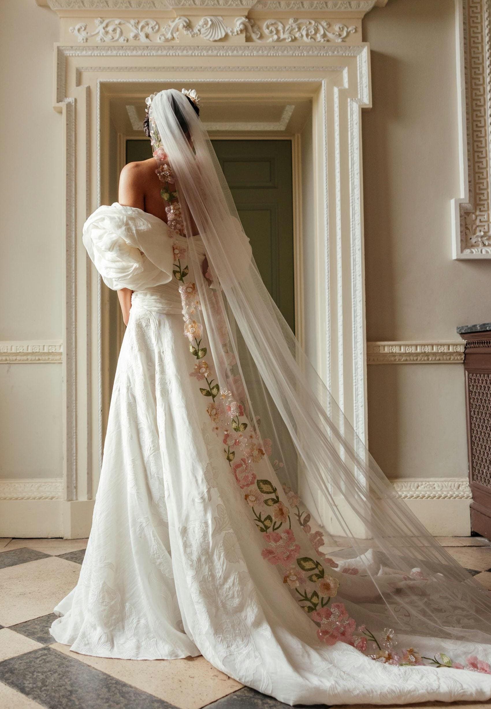 Pink Floral Wedding Veil, Embroidered Flower Bridal Veil __etsy:7439212368