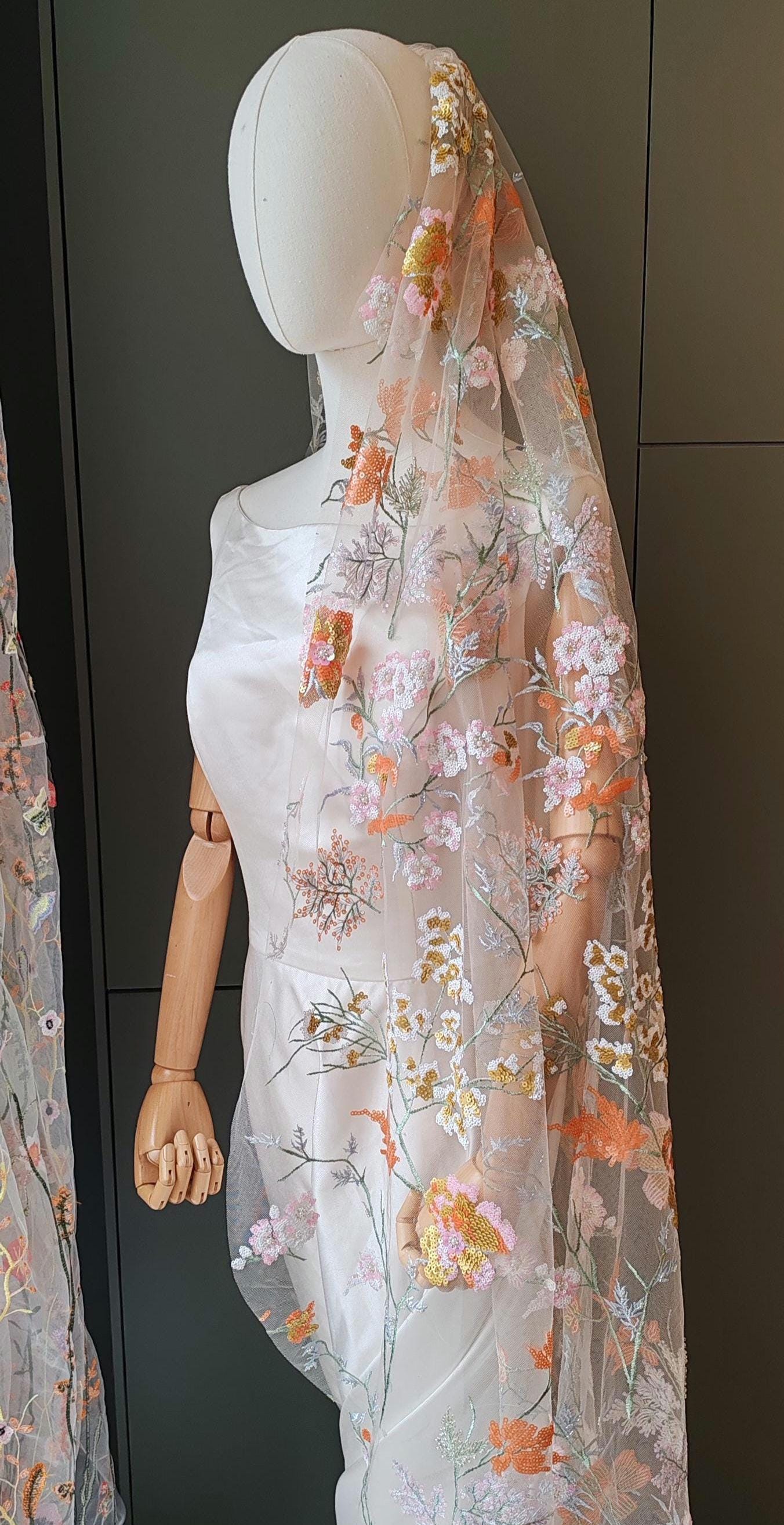 Golden Floral Bridal Veil, Embroidered Sequins & Beads. 'Amber'