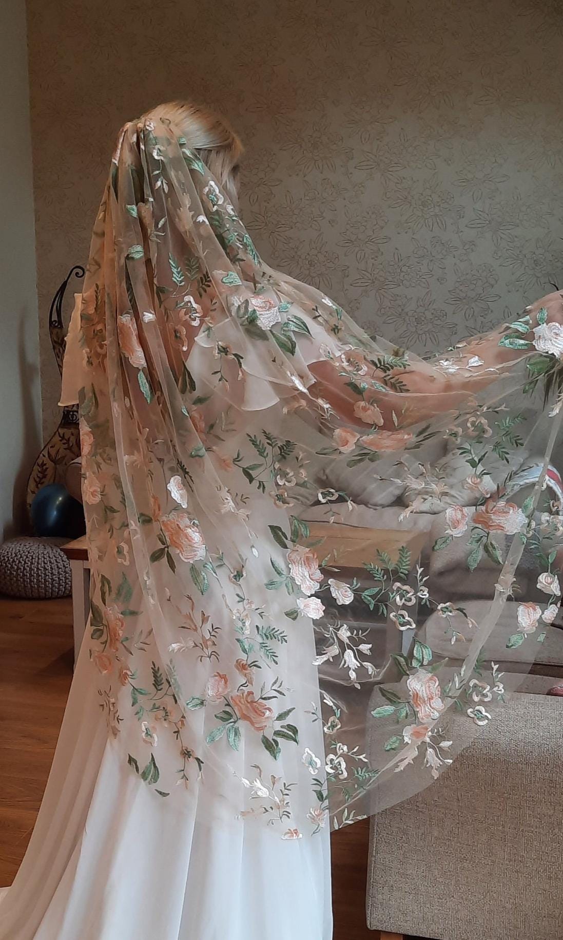 Antique rose veil or cape. Peach floral veil, pale nude, ivory floral veil. Veil with embroidered flowers. Alternative bridal veil.