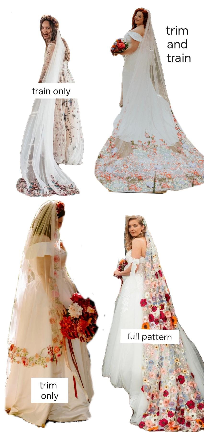 Pink floral wedding veil. Trim and Train design. Embroidered Flower Bridal Veil, Evelyn.