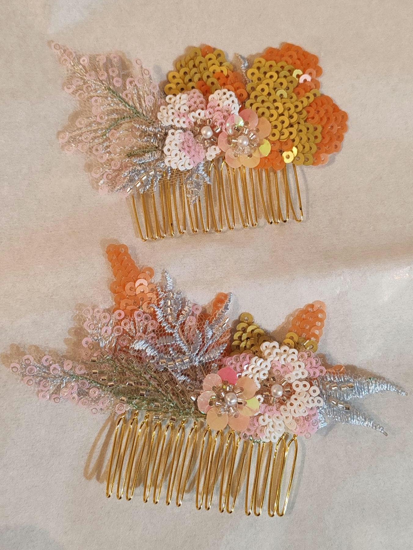 Golden Floral Bridal Veil, Embroidered Sequins & Beads. 'Amber'