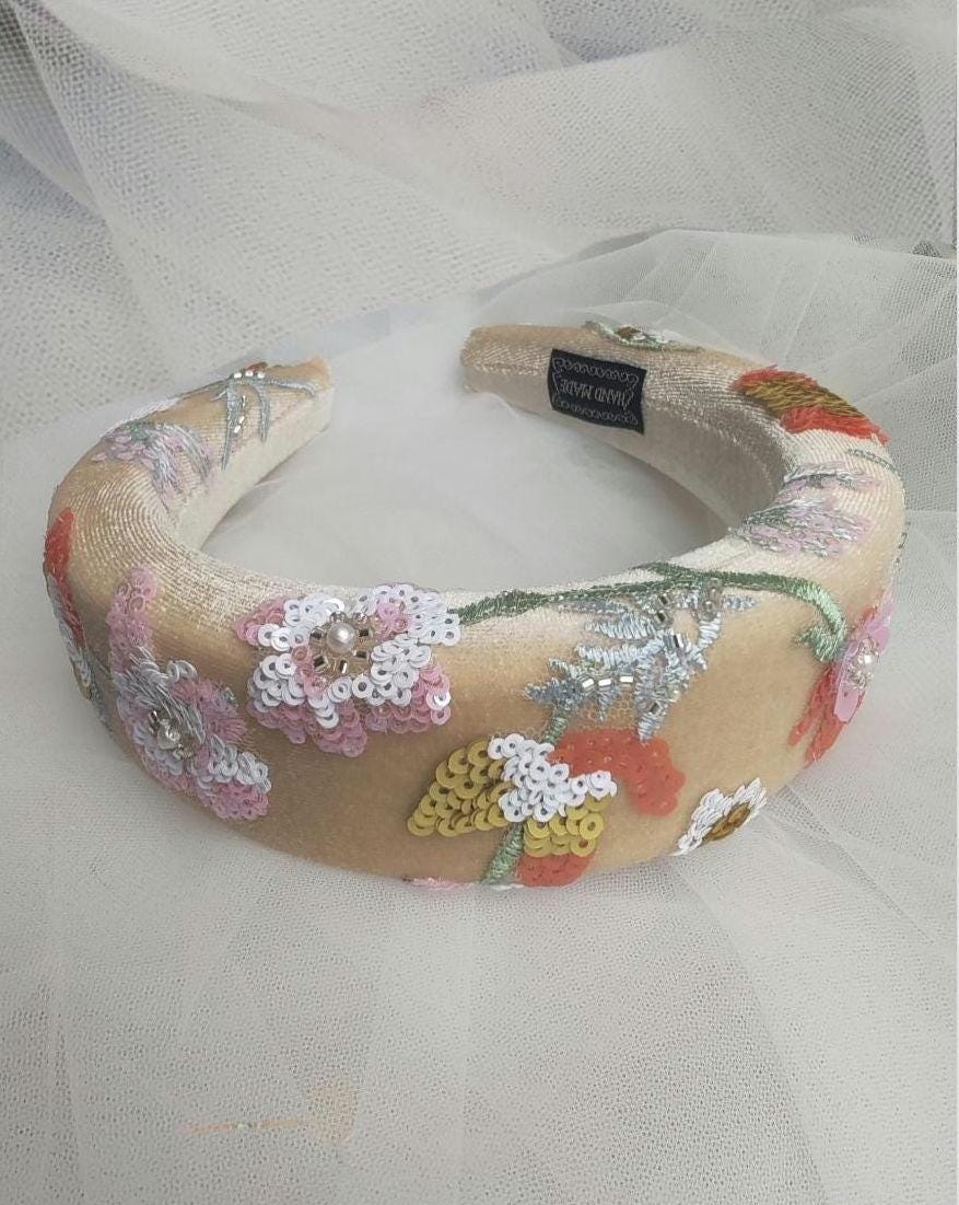 Golden Floral Bridal Veil, Embroidered Sequins & Beads. 'Amber'