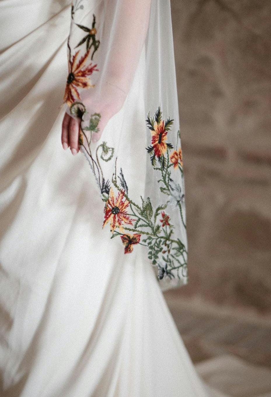 Woodland Embroidered Flower Wedding Veil - Wild Fall Floral Bridal Veil 'Oriana'