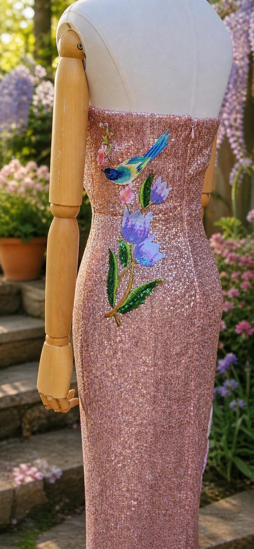 Pink sequin floral embroidered dress. Alternative wedding or prom dress. Sequin rose pink dress. Detachable sleeves.