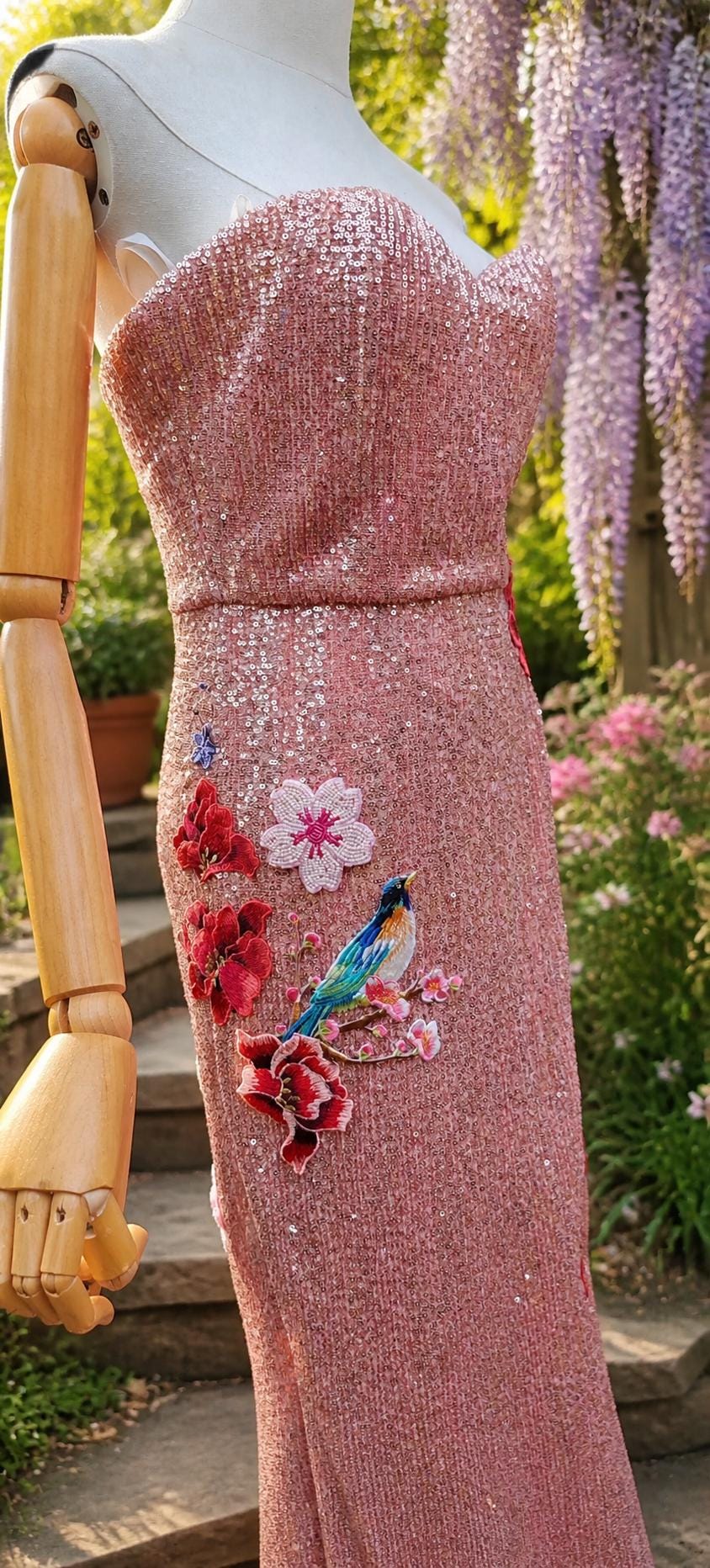 Pink sequin floral embroidered dress. Alternative wedding or prom dress. Sequin rose pink dress. Detachable sleeves.