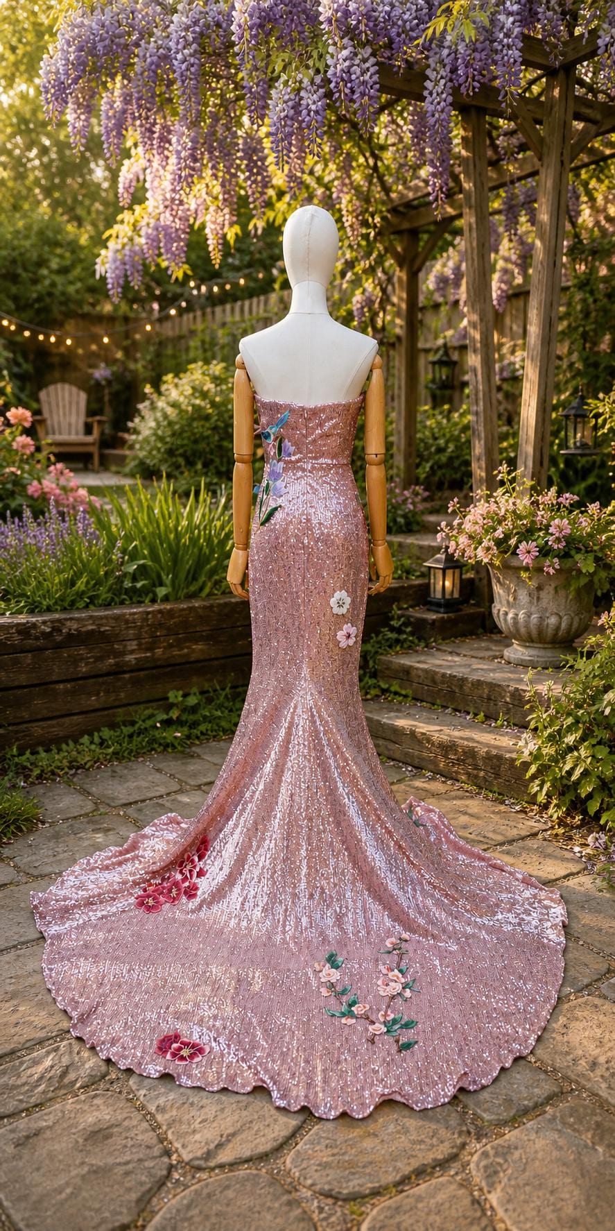 Pink sequin floral embroidered dress. Alternative wedding or prom dress. Sequin rose pink dress. Detachable sleeves.