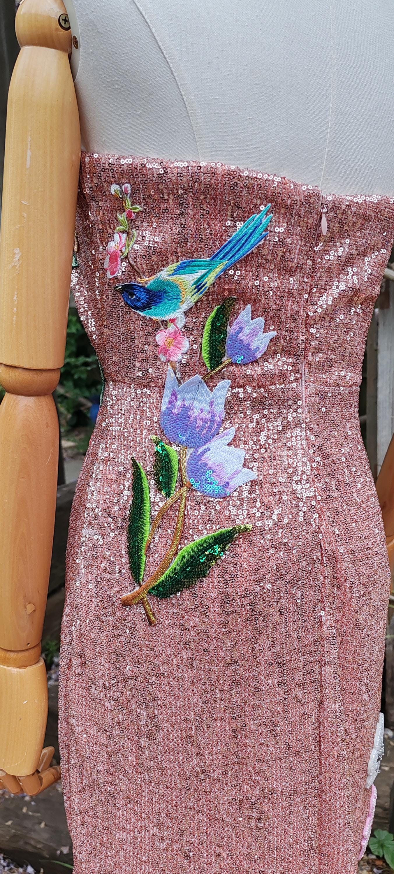 Pink sequin floral embroidered dress. Alternative wedding or prom dress. Sequin rose pink dress. Detachable sleeves.