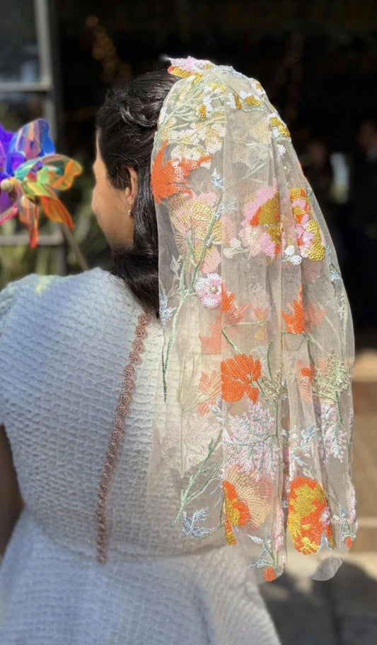 Golden Floral Bridal Veil, Embroidered Sequins & Beads. 'Amber'