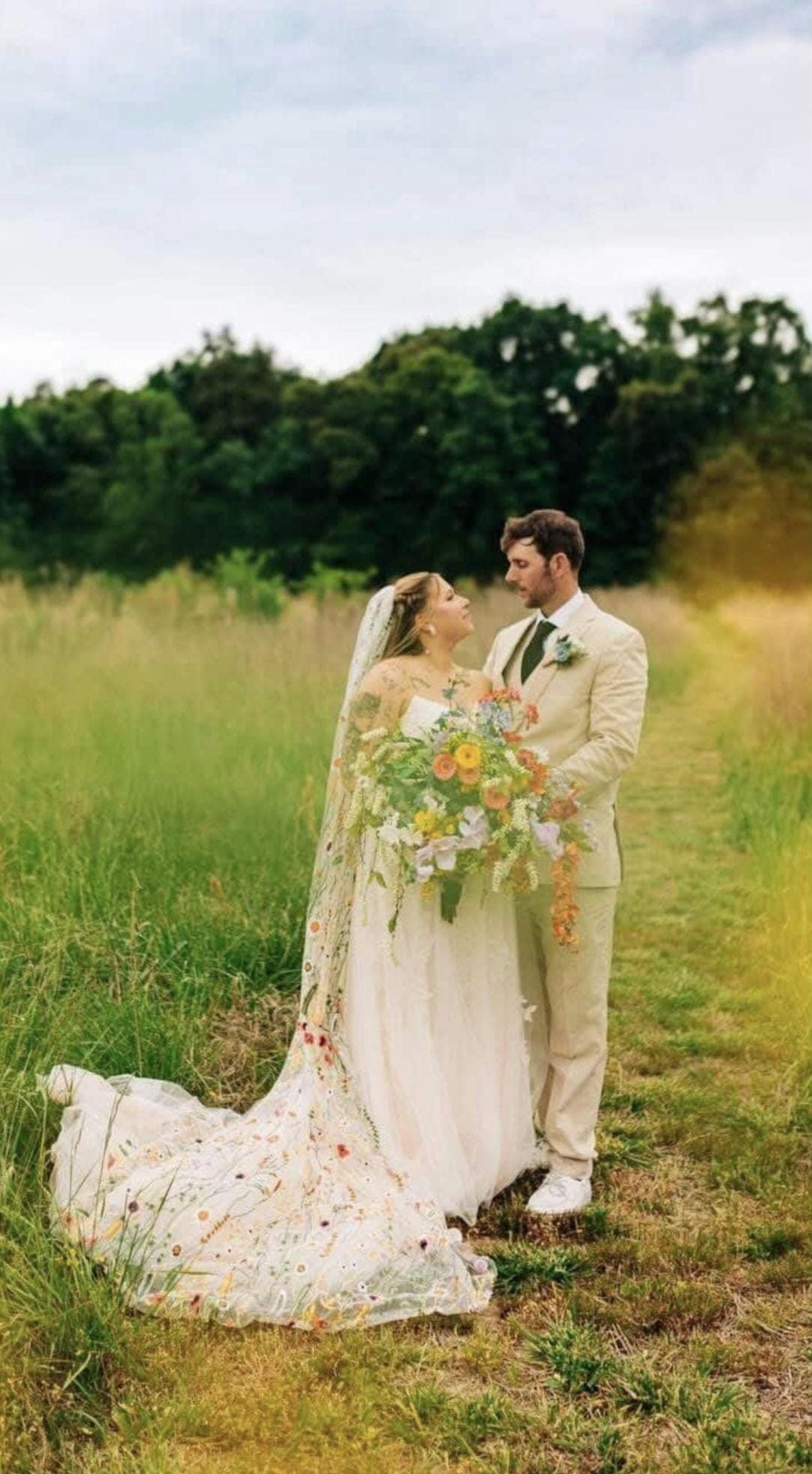 Orange Wildflower Embroidered Wedding Veil, Floral Bridal Veil
