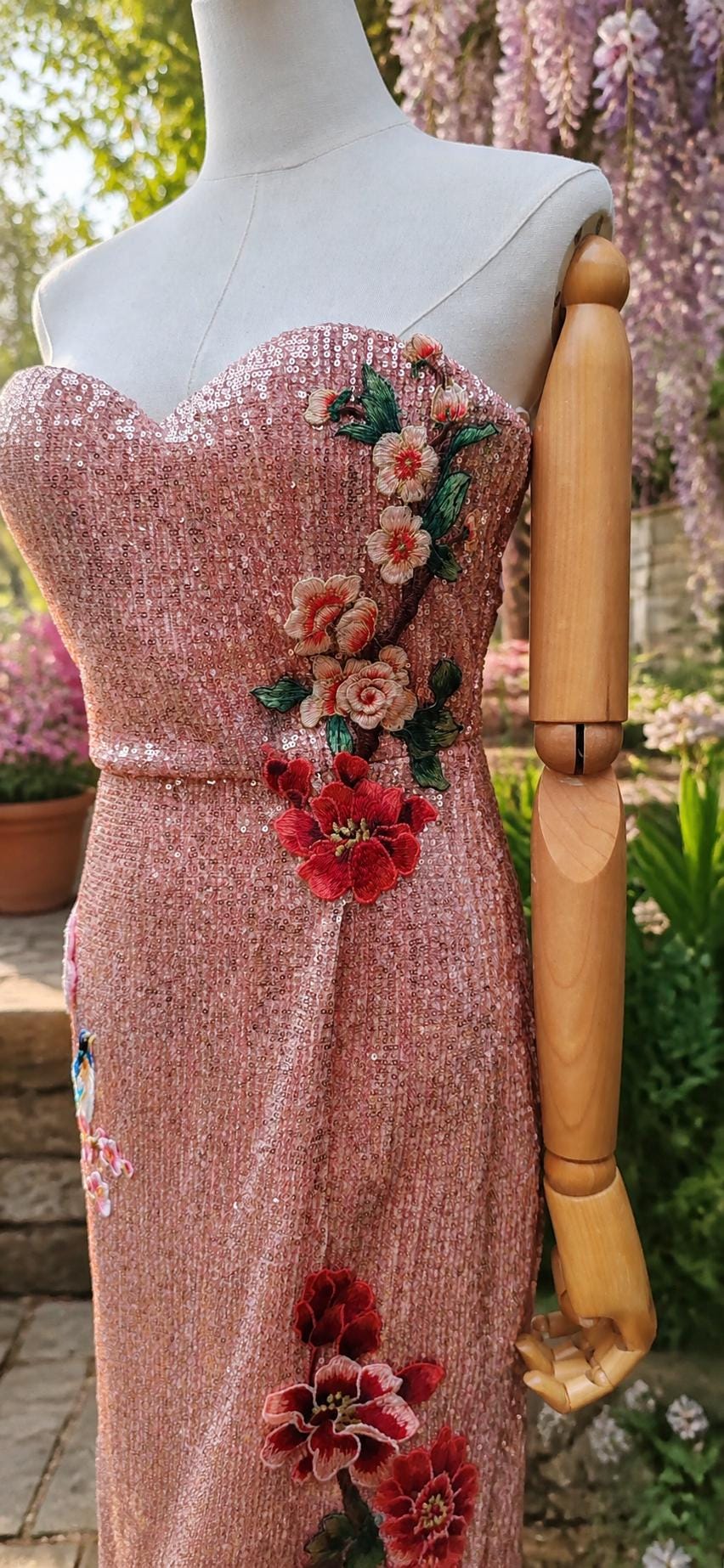 Pink sequin floral embroidered dress. Alternative wedding or prom dress. Sequin rose pink dress. Detachable sleeves.