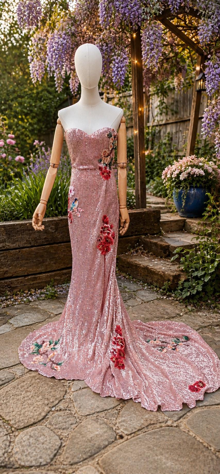 Pink sequin floral embroidered dress. Alternative wedding or prom dress. Sequin rose pink dress. Detachable sleeves.
