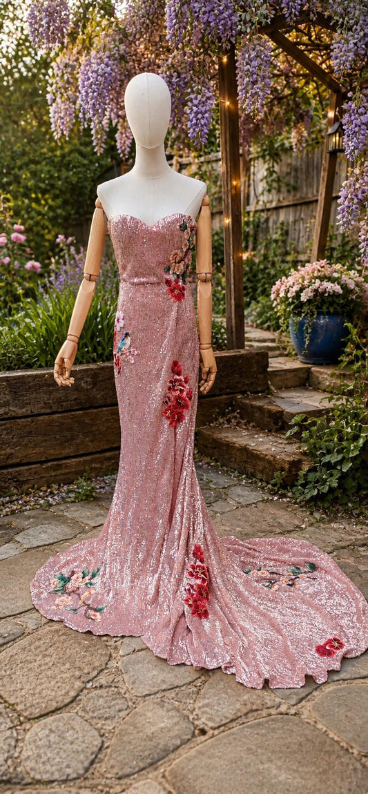 Pink sequin floral embroidered dress. Alternative wedding or prom dress. Sequin rose pink dress. Detachable sleeves.