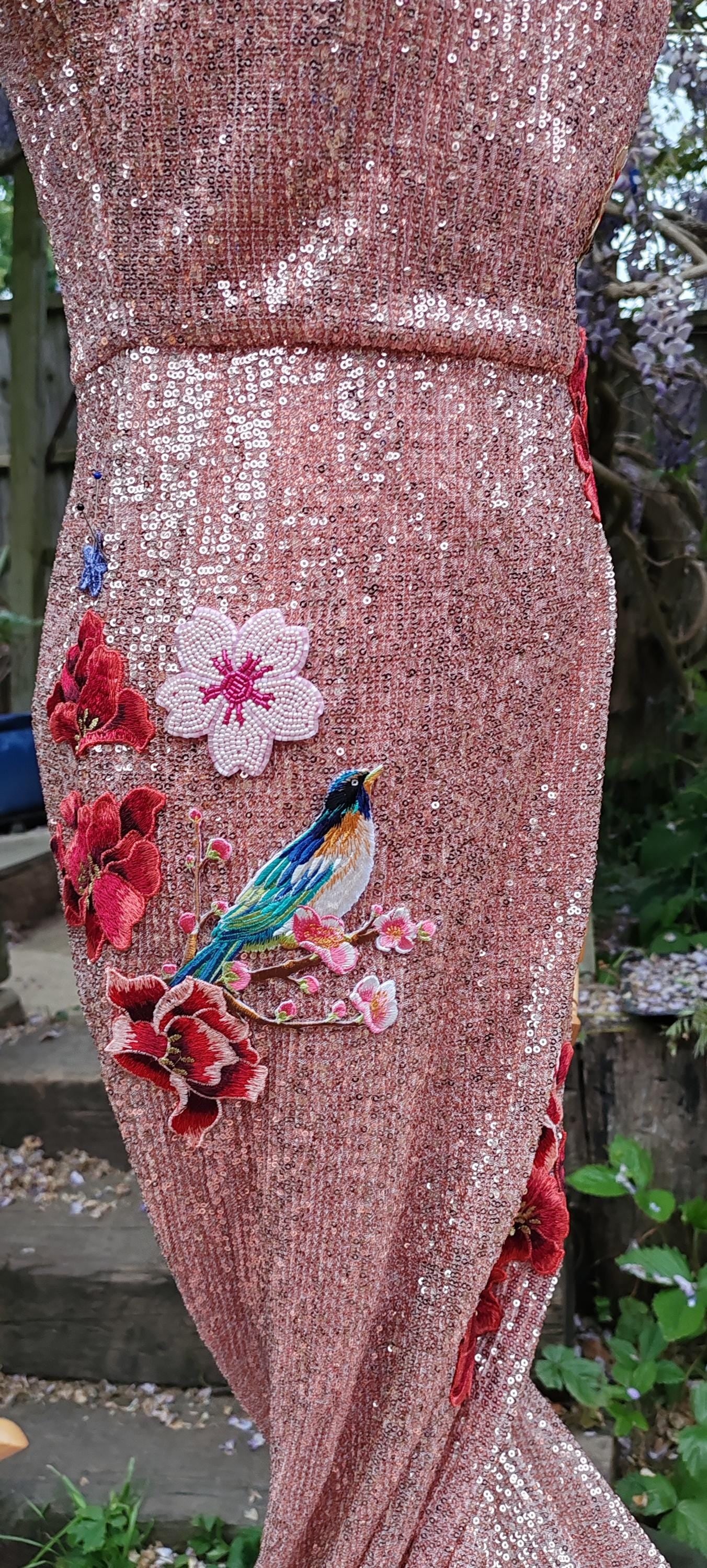 Pink sequin floral embroidered dress. Alternative wedding or prom dress. Sequin rose pink dress. Detachable sleeves.