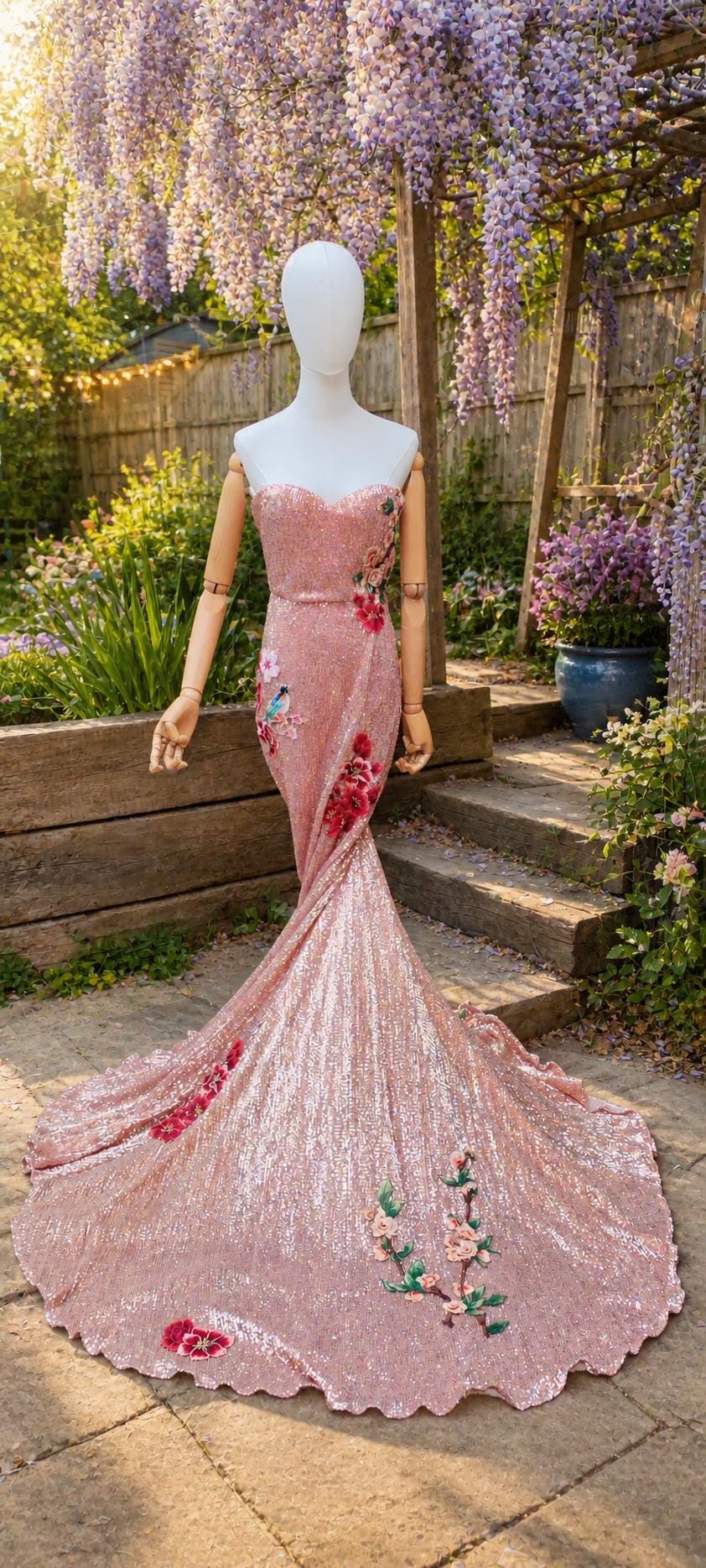 Pink sequin floral embroidered dress. Alternative wedding or prom dress. Sequin rose pink dress. Detachable sleeves.