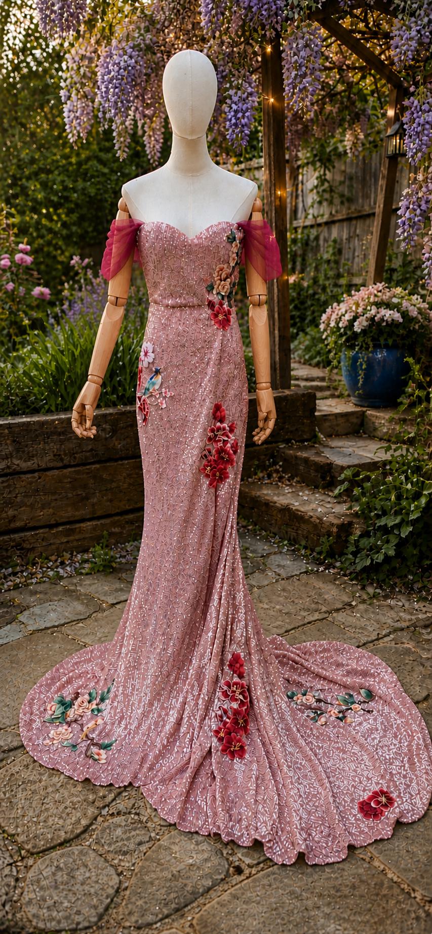 Pink sequin floral embroidered dress. Alternative wedding or prom dress. Sequin rose pink dress. Detachable sleeves.