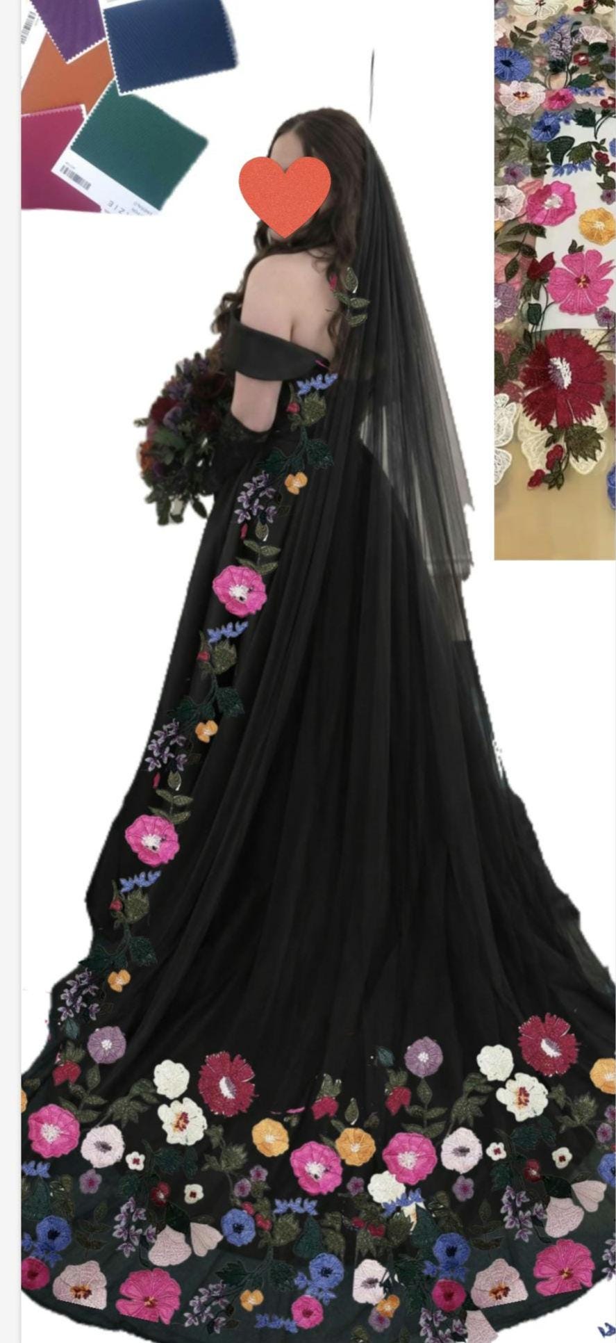 Black floral embroidered veil, Colourful Wedding Veil