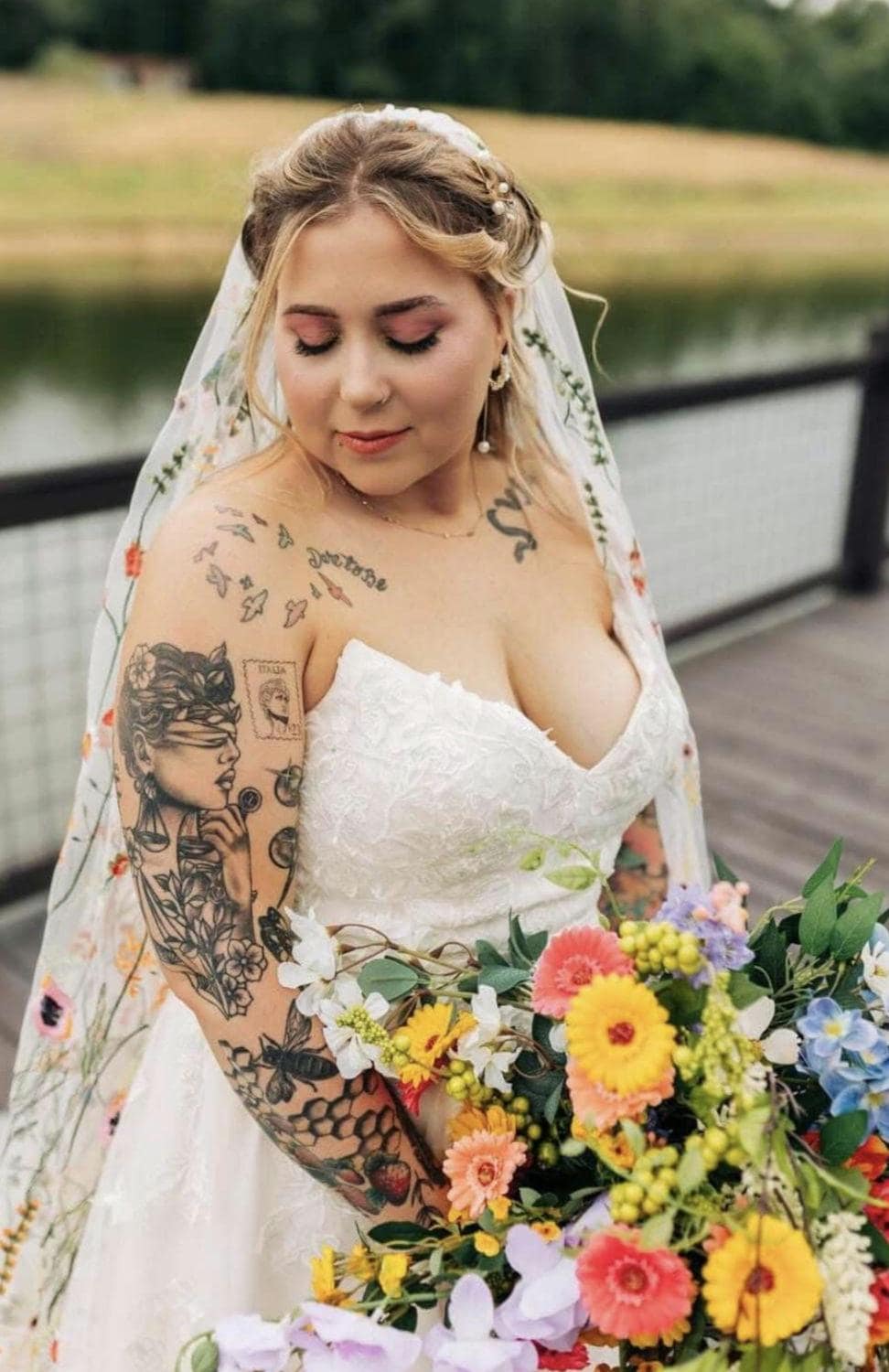 Orange Wildflower Embroidered Wedding Veil, Floral Bridal Veil