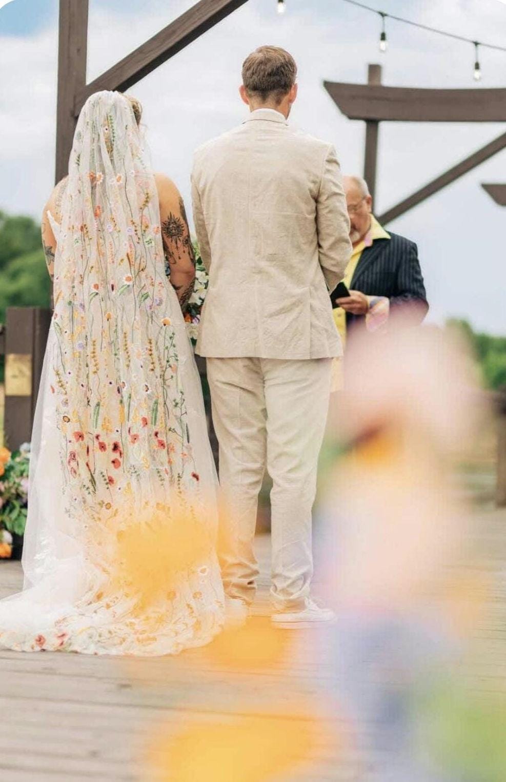 Orange Wildflower Embroidered Wedding Veil, Floral Bridal Veil