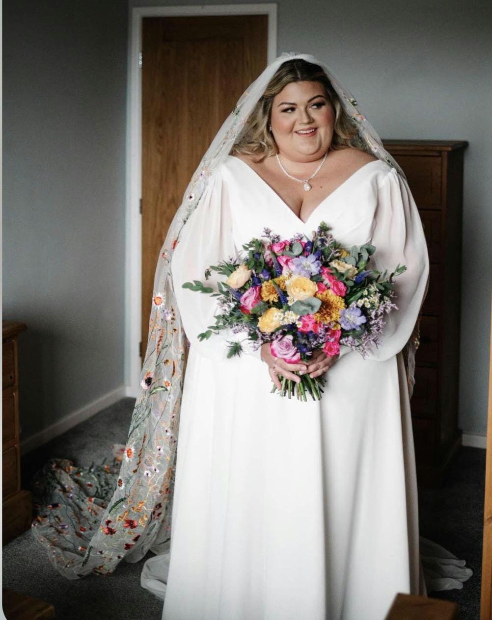Orange Wildflower Embroidered Wedding Veil, Floral Bridal Veil