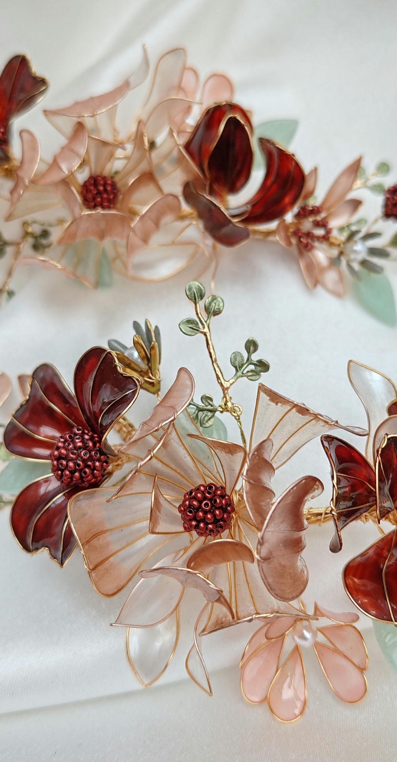 Burgundy Flower Wedding Hair Vine – Iridescent Autumn Bridal Crown
