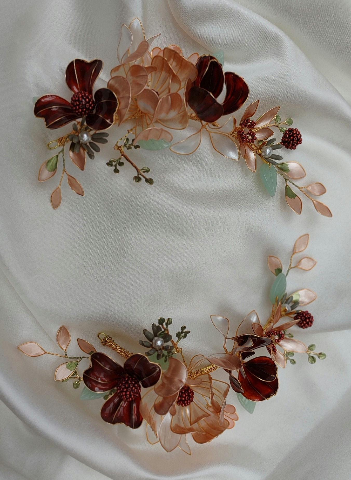 Burgundy Flower Wedding Hair Vine – Iridescent Autumn Bridal Crown