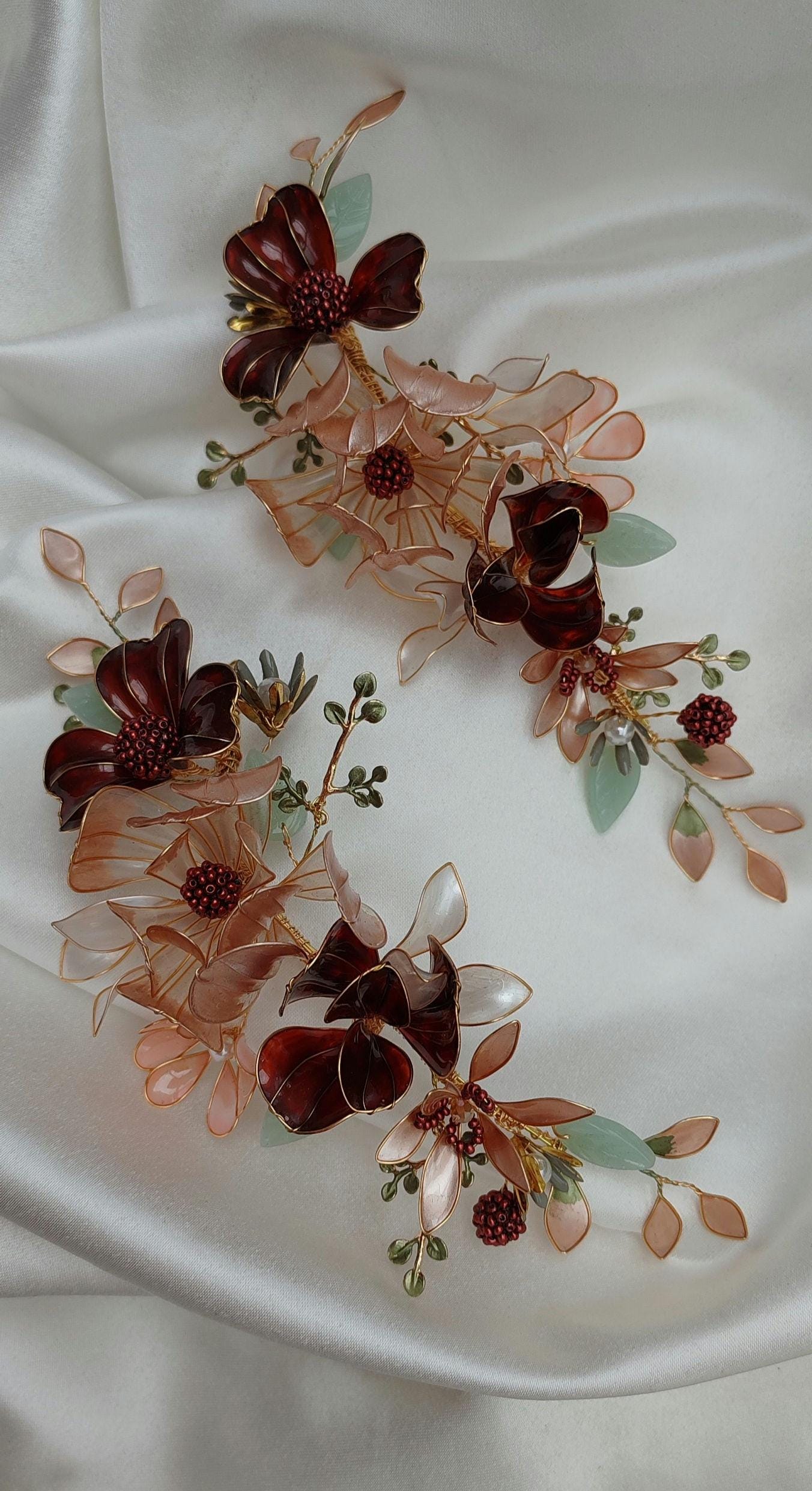 Burgundy Flower Wedding Hair Vine – Iridescent Autumn Bridal Crown