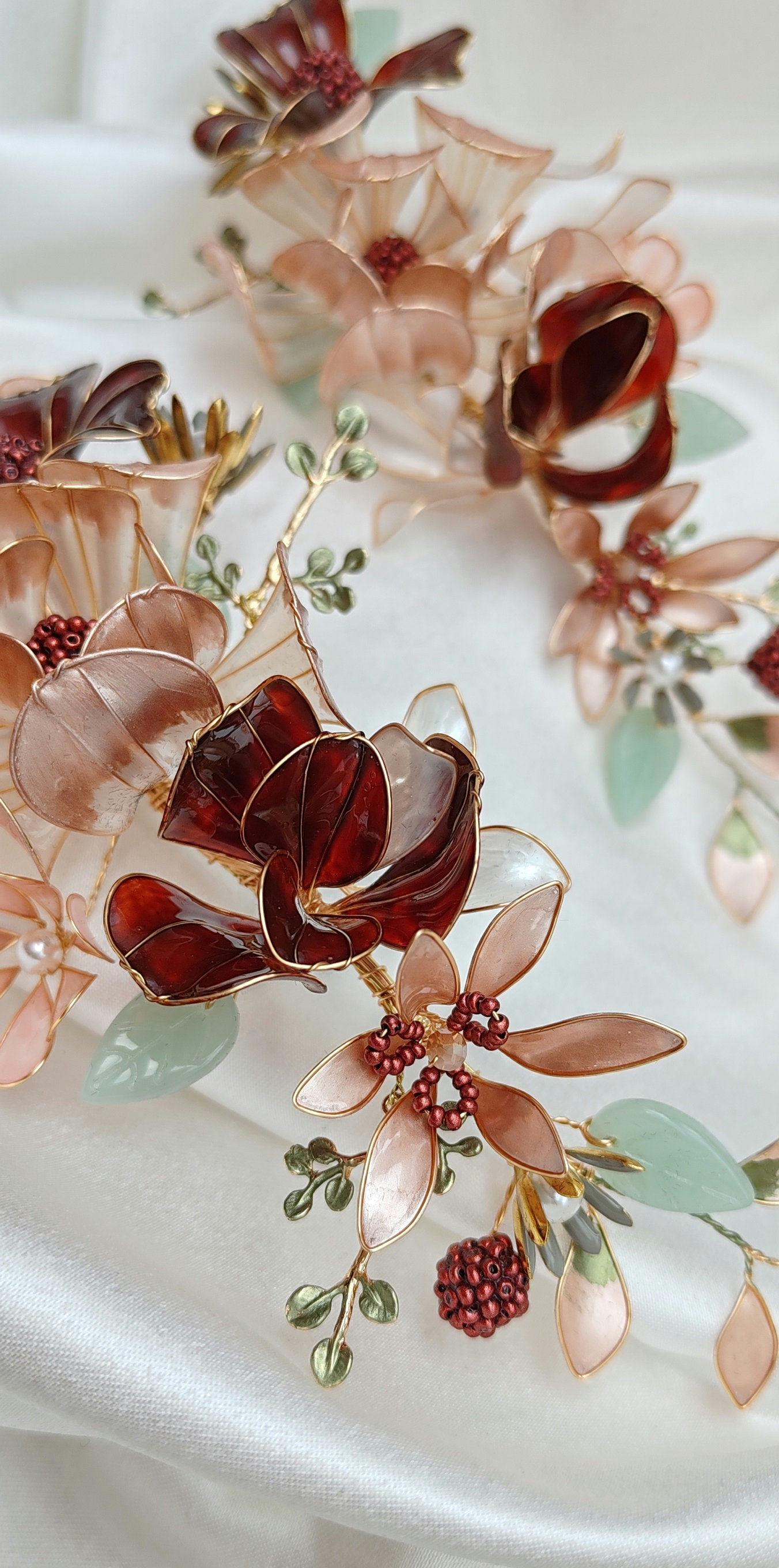 Burgundy Flower Wedding Hair Vine – Iridescent Autumn Bridal Crown
