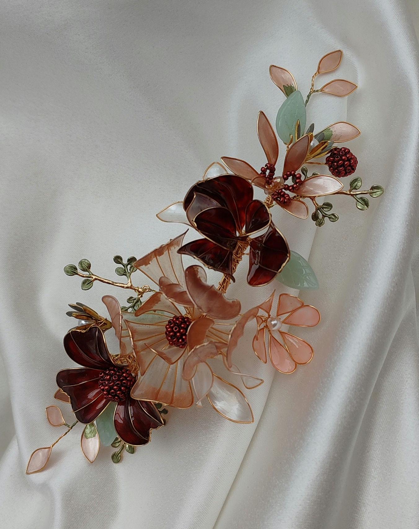 Burgundy Flower Wedding Hair Vine – Iridescent Autumn Bridal Crown