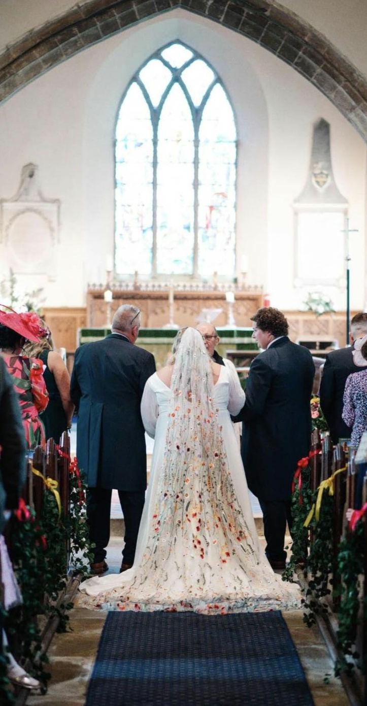 Orange Wildflower Embroidered Wedding Veil, Floral Bridal Veil