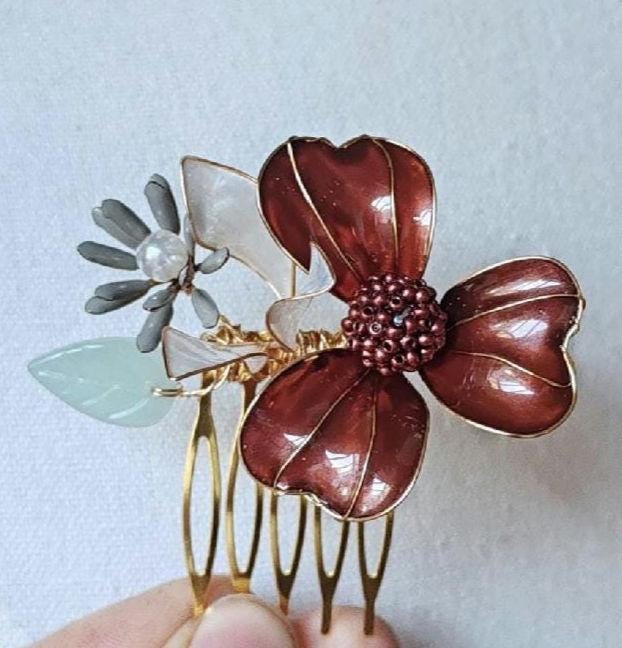 Burgundy Flower Wedding Hair Vine – Iridescent Autumn Bridal Crown