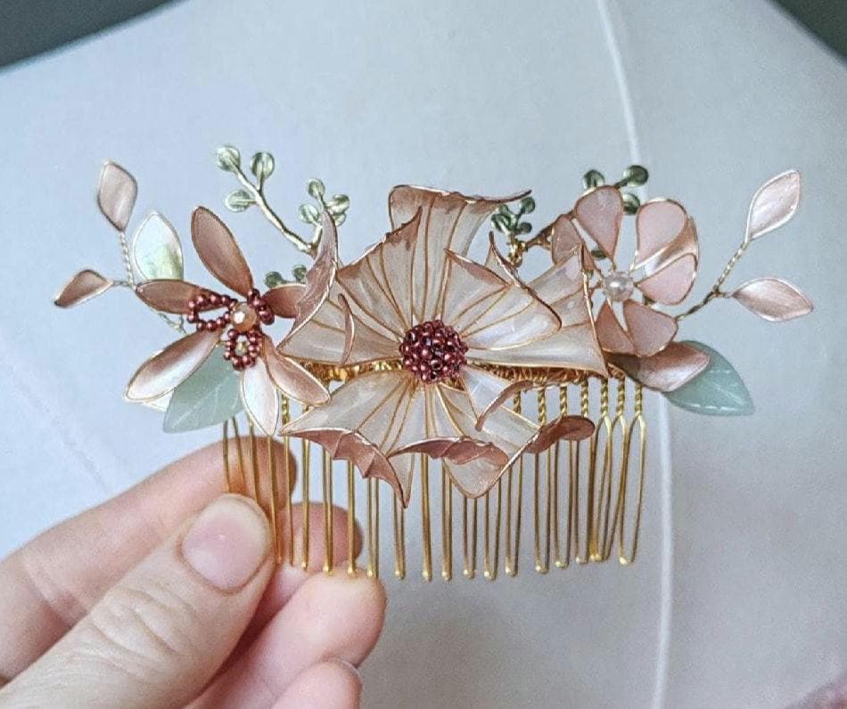 Burgundy Flower Wedding Hair Vine – Iridescent Autumn Bridal Crown