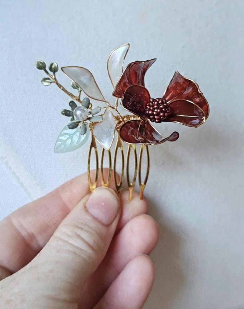 Burgundy Flower Wedding Hair Vine – Iridescent Autumn Bridal Crown