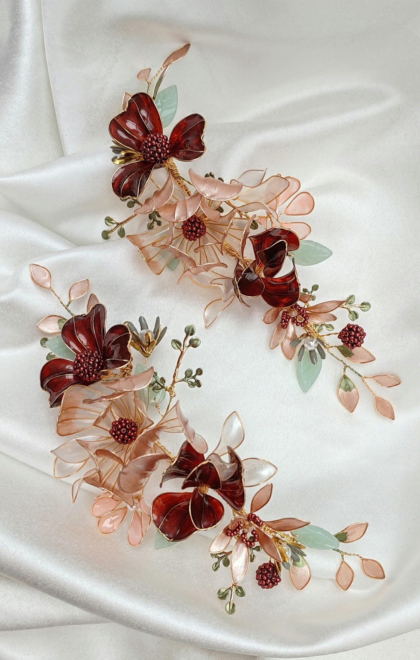Burgundy Flower Wedding Hair Vine – Iridescent Autumn Bridal Crown
