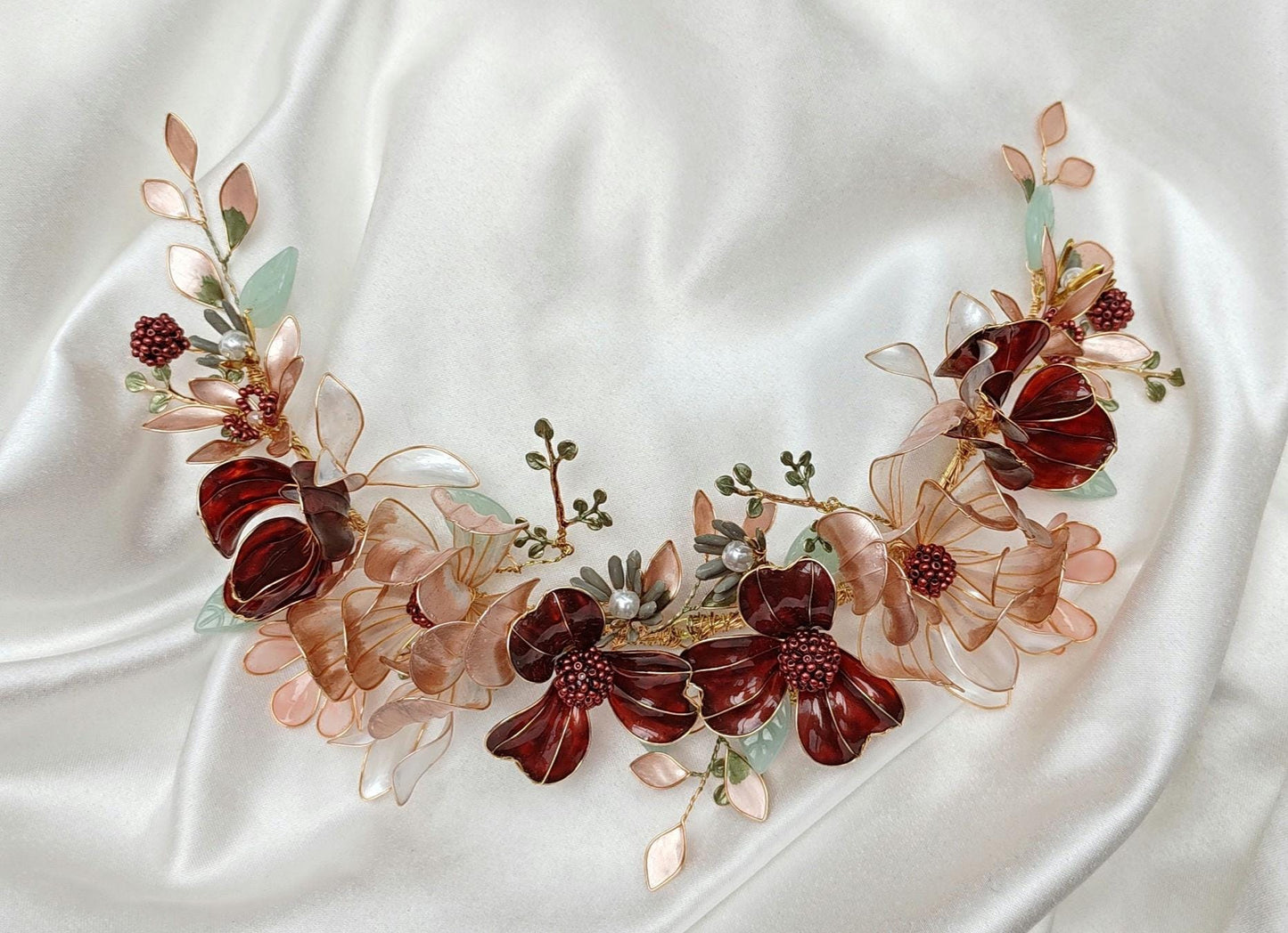 Burgundy Flower Wedding Hair Vine – Iridescent Autumn Bridal Crown